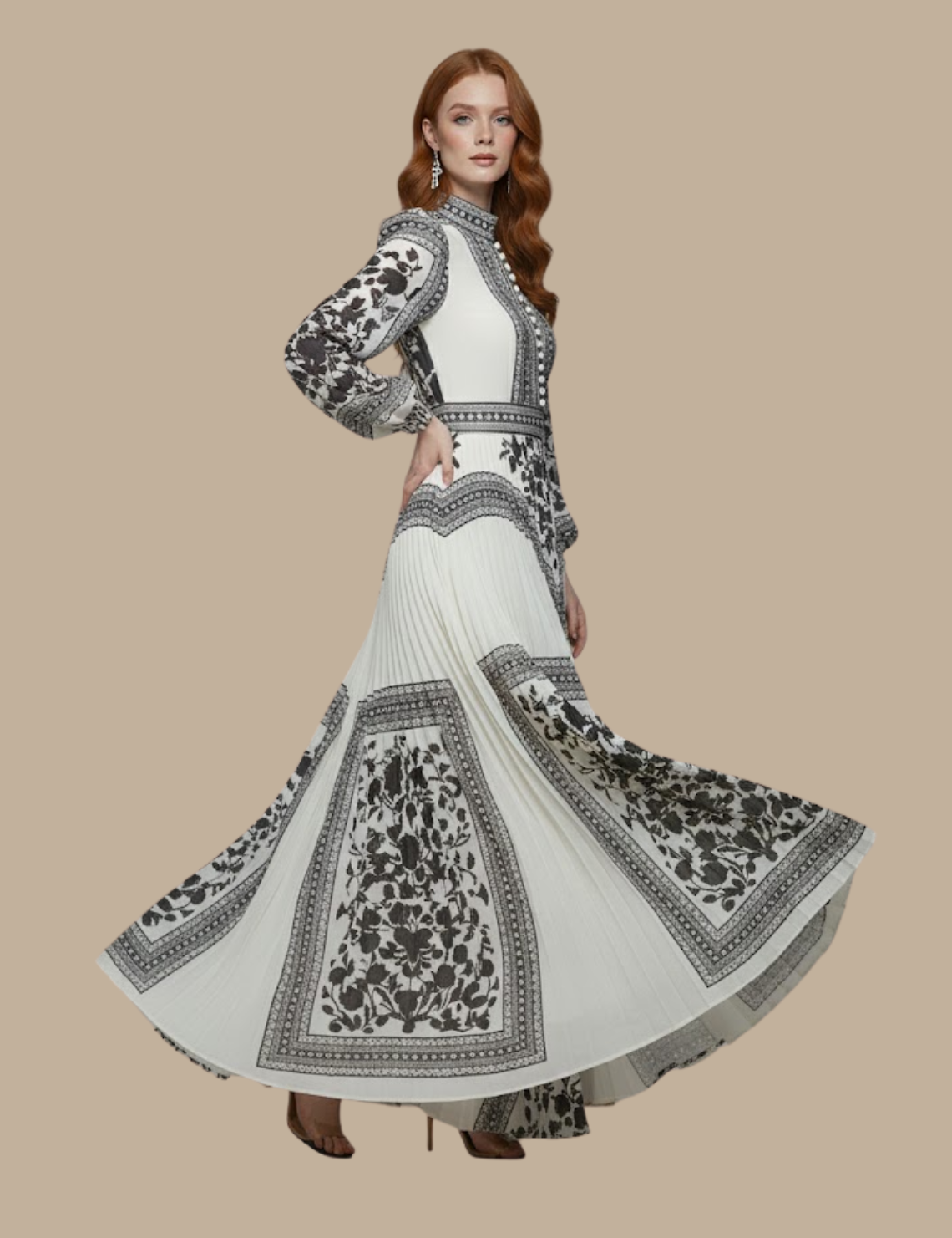 Arabella Saintmere | Women’s Pleated Maxi Evening Dress – High Neck Long Sleeve Formal Gown