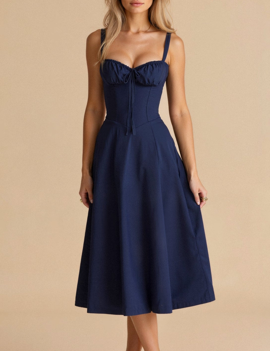 Isabeau Renard | Corset Midi Dress – Tailored Waist and Flowing Skirt