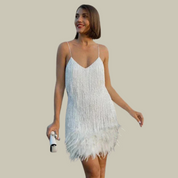 Vivienne Laurent | Feather-Trim Mini Dress – Statement Evening Silhouette