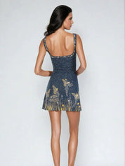 Juliette Beaumont | Shimmering Starry Mini Dress – Sparkle Detail, Sleeveless, Slit Detail