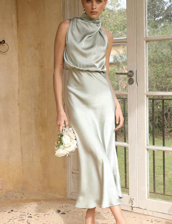 Natalia VanCourt | Women’s Elegant Halter Midi Dress – Draped Neckline with Fluid Silhouette