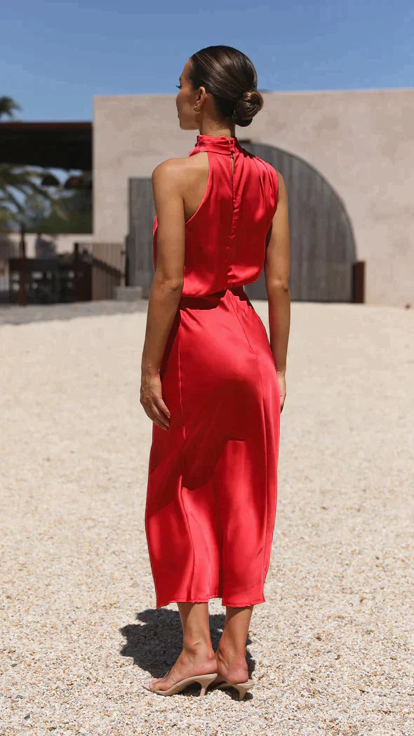 Natalia VanCourt | Women’s Elegant Halter Midi Dress – Draped Neckline with Fluid Silhouette