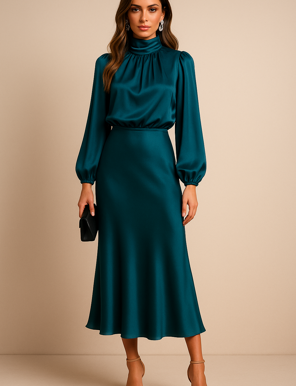 Genevieve Whitmore | Women’s High Neck Midi Dress – Elegant High Waist Silhouette